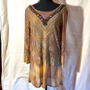 Mesmerize Print Pullover Sheer Tunic Blouse Beaded Collar XL